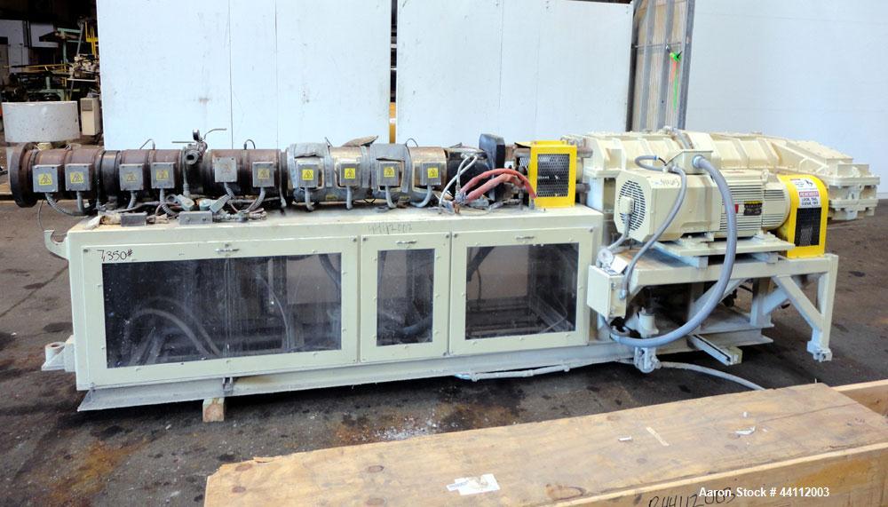 Used American Maplan 88mm Counter-Rotating Twin Screw Extruder, Model TS-88. Approximate 24 to 1 L/D ratio. (10) barrel zones, (1) section top vented, Electrically heated, liquid cooled. (2) Intermes...