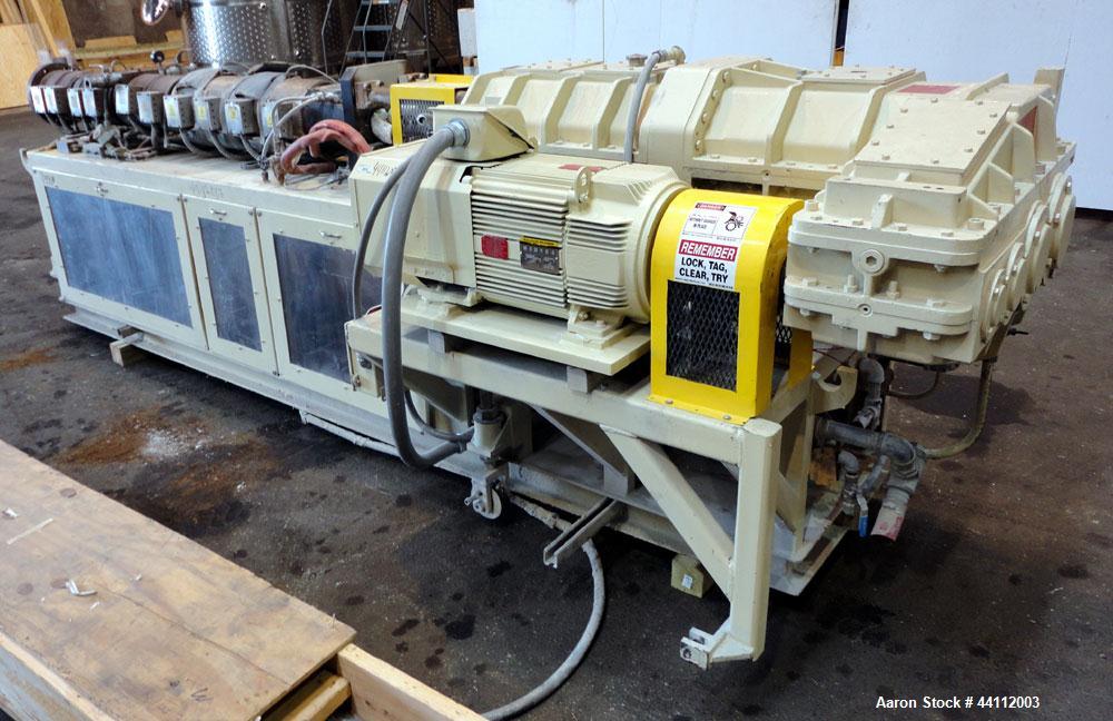 Used American Maplan 88mm Counter-Rotating Twin Screw Extruder, Model TS-88. Approximate 24 to 1 L/D ratio. (10) barrel zones, (1) section top vented, Electrically heated, liquid cooled. (2) Intermes...