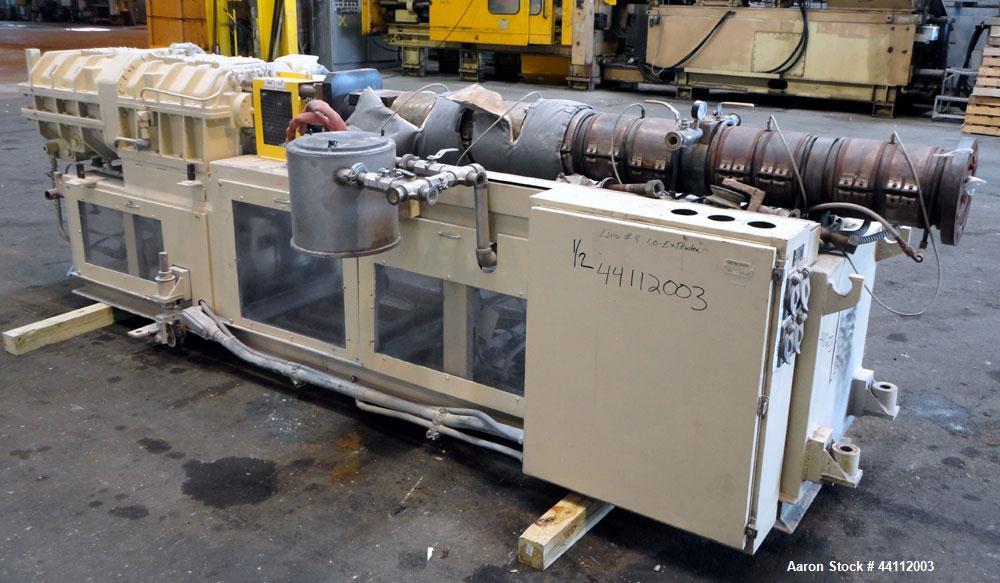 Used American Maplan 88mm Counter-Rotating Twin Screw Extruder, Model TS-88. Approximate 24 to 1 L/D ratio. (10) barrel zones, (1) section top vented, Electrically heated, liquid cooled. (2) Intermes...