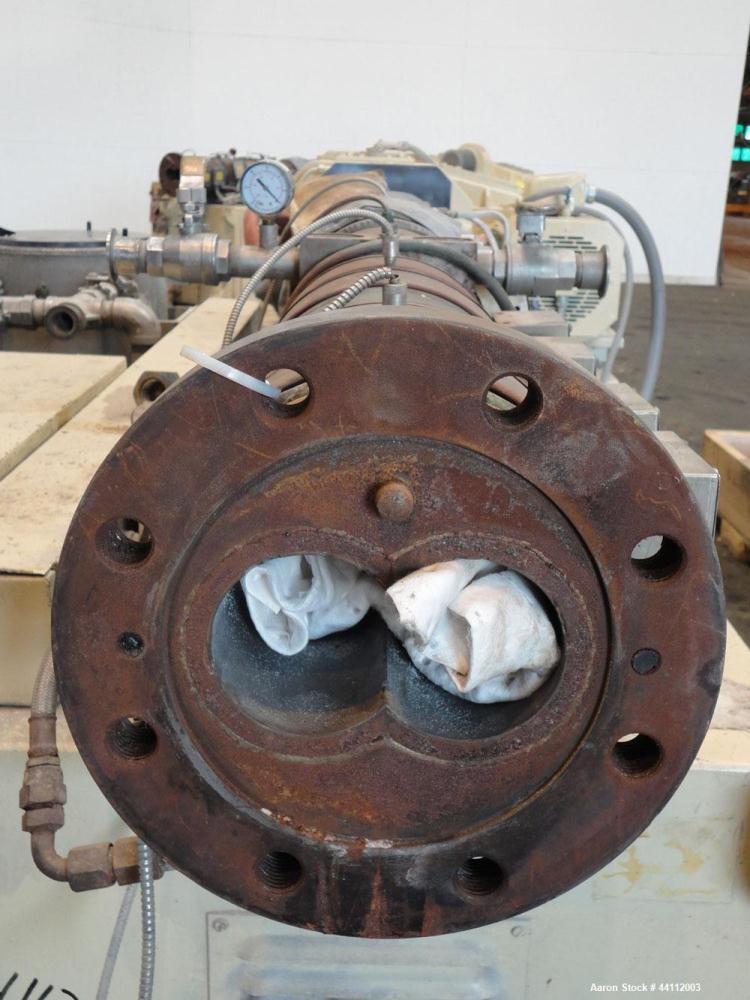 Used American Maplan 88mm Counter-Rotating Twin Screw Extruder, Model TS-88. Approximate 24 to 1 L/D ratio. (10) barrel zones, (1) section top vented, Electrically heated, liquid cooled. (2) Intermes...