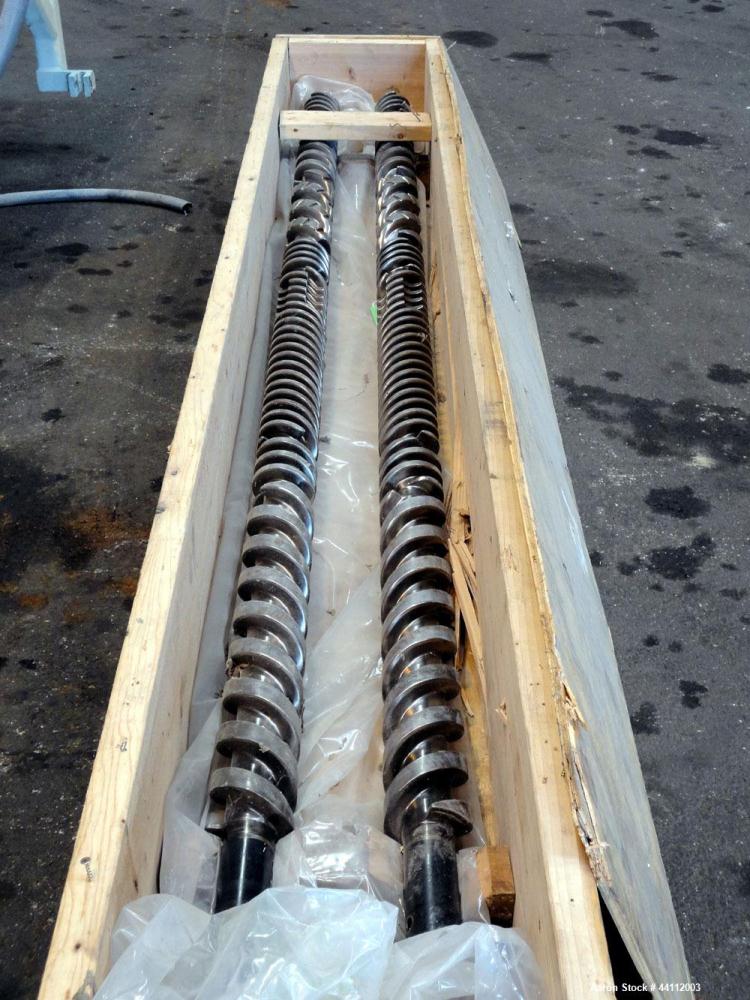Used American Maplan 88mm Counter-Rotating Twin Screw Extruder, Model TS-88. Approximate 24 to 1 L/D ratio. (10) barrel zones, (1) section top vented, Electrically heated, liquid cooled. (2) Intermes...