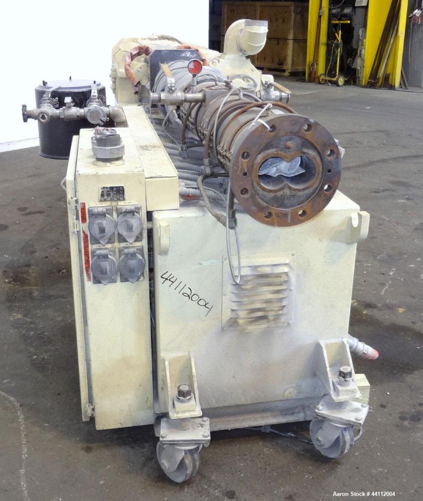 Used American Maplan 88mm Counter-Rotating Twin Screw Extruder, Model TS-88. Approximate 24 to 1 L/D ratio. (10) barrel zones, (1) section top vented, Electrically heated, liquid cooled. No screws. W...