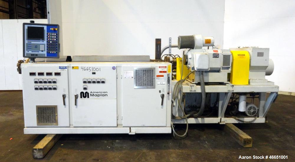 Used American Maplan 92mm Counter-Rotating Twin Screw Extruder, Model TS-92. Approximate 26 to 1 L/D ratio. 5 Zone barrel, (1) section top vented. Electrically heated, liquid cooled with pump, tank, ...