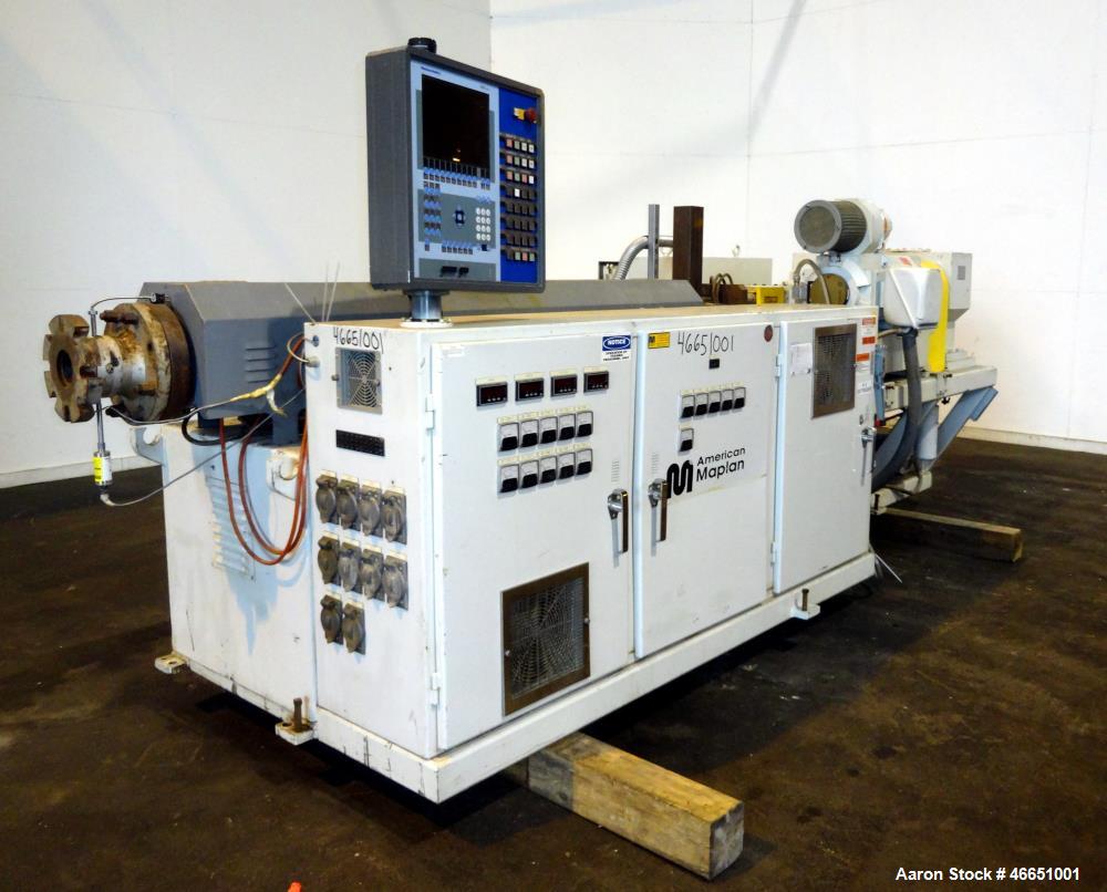 Used American Maplan 92mm Counter-Rotating Twin Screw Extruder, Model TS-92. Approximate 26 to 1 L/D ratio. 5 Zone barrel, (1) section top vented. Electrically heated, liquid cooled with pump, tank, ...