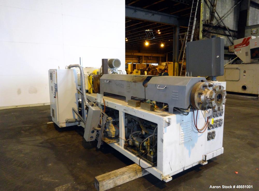 Used American Maplan 92mm Counter-Rotating Twin Screw Extruder, Model TS-92. Approximate 26 to 1 L/D ratio. 5 Zone barrel, (1) section top vented. Electrically heated, liquid cooled with pump, tank, ...