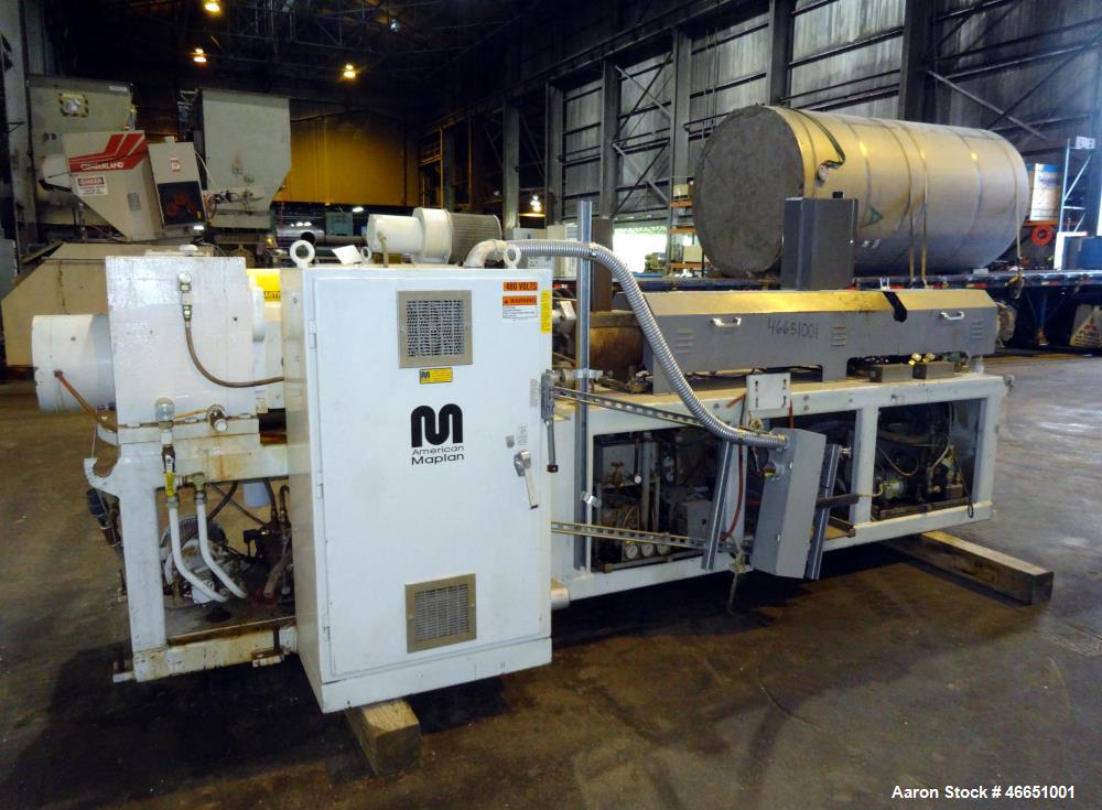 Used American Maplan 92mm Counter-Rotating Twin Screw Extruder, Model TS-92. Approximate 26 to 1 L/D ratio. 5 Zone barrel, (1) section top vented. Electrically heated, liquid cooled with pump, tank, ...