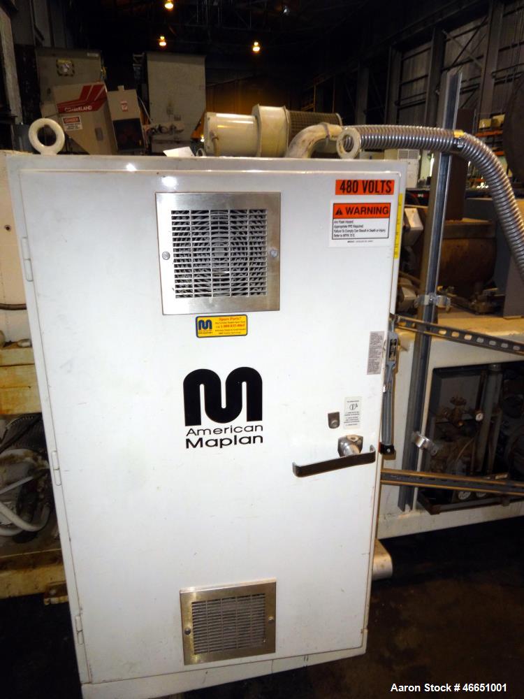 Used American Maplan 92mm Counter-Rotating Twin Screw Extruder, Model TS-92. Approximate 26 to 1 L/D ratio. 5 Zone barrel, (1) section top vented. Electrically heated, liquid cooled with pump, tank, ...