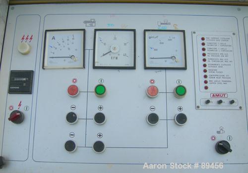 USED: Amut twin screw extruder, 92 mm screw diameter, model BA92. Approximate 22:1 L/D ratio. Counter-rotating screw design. 5 zone top vented, electrically heated, air cooled barrel with vacuum pump...