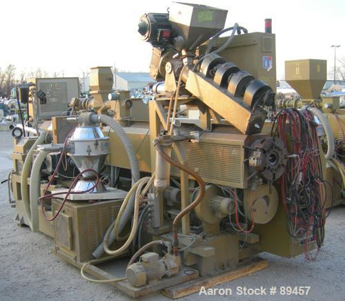 USED: Amut twin screw extruder, 92 mm screw diameter, model BA92. Approximate 24:1 L/D ratio. Counter-rotating screw design. 6 zone top vented, electrically heated, air cooled barrel with vacuum pump...