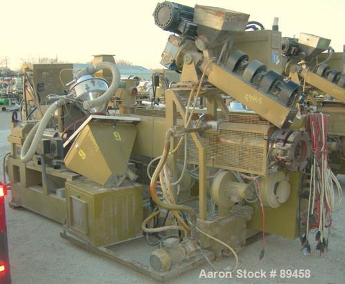 USED: Amut twin screw extruder, 92 mm screw diameter, model BA92. Approximate 24:1 L/D ratio. Counter-rotating screw design. 6 zone top vented, electrically heated, air cooled barrel with vacuum pump...