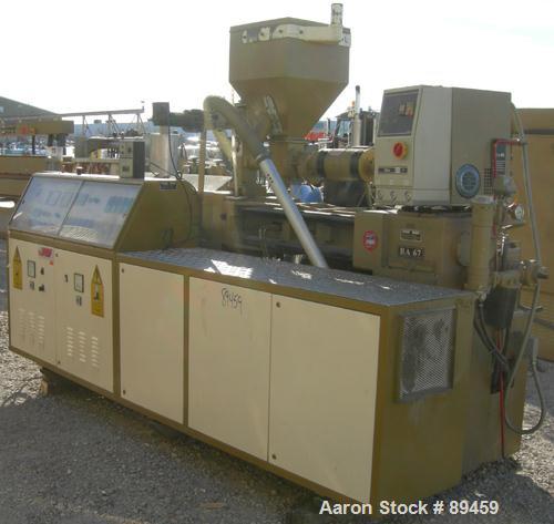 USED: Amut twin screw extruder, 92 mm screw diameter, model BA92. Approximate 24:1 L/D ratio, counter rotating screw design, 6 zone top vented electrically heated, air cooled barrel with vacuum pump....