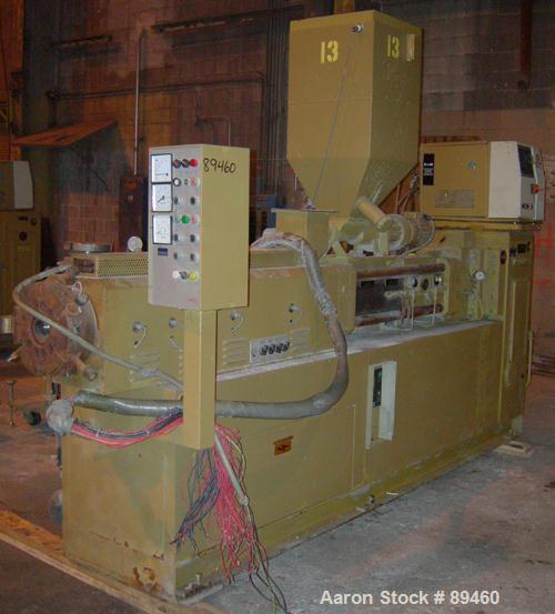 USED: Amut twin screw extruder, 92 mm screw diameter, model BA92. Approximate 22:1 L/D ratio. Counter-rotating screw design. 5 zone top vented, electrically heated, air cooled barrel with vacuum pump...