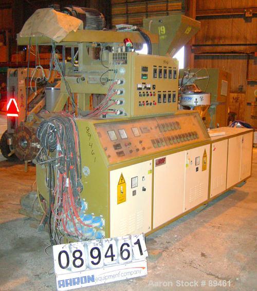 USED: Amut twin screw extruder, 92 mm screw diameter, model BA92. Approximate 24:1 L/D ratio, counter-rotating screw design. 6 zone top vented, electrically heated, air cooled barrel with vacuum pump...
