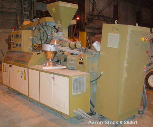 USED: Amut twin screw extruder, 92 mm screw diameter, model BA92. Approximate 24:1 L/D ratio, counter-rotating screw design. 6 zone top vented, electrically heated, air cooled barrel with vacuum pump...