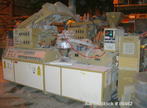 USED: Amut twin screw extruder, 92 mm screw diameter, model BA92. Approximate 24:1 L/D ratio. Counter-rotating screw design. 6 zone top vented, electrically heated, air cooled barrel with vacuum pump...