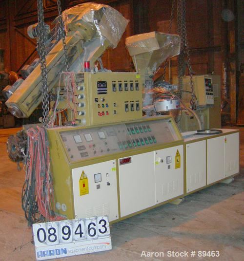 USED: Amut twin screw extruder, 92 mm screw diameter, model BA92. Approximate 24:1 L/D ratio. Counter-rotating screw design. 6 zone top vented, electrically heated, air cooled barrel with vacuum pump...