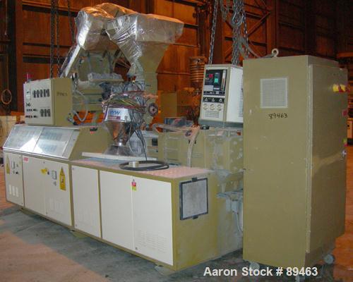 USED: Amut twin screw extruder, 92 mm screw diameter, model BA92. Approximate 24:1 L/D ratio. Counter-rotating screw design. 6 zone top vented, electrically heated, air cooled barrel with vacuum pump...