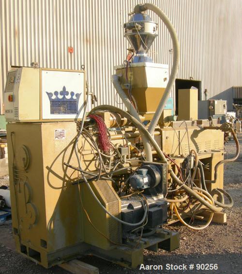 USED: Amut twin screw extruder, 92 mm screw diameter, model BA92.Approximate 22:1 L/D ratio. Counter-rotating screw design. 5 zonetop vented, electrically heated, air cooled barrel with vacuum pump.W...