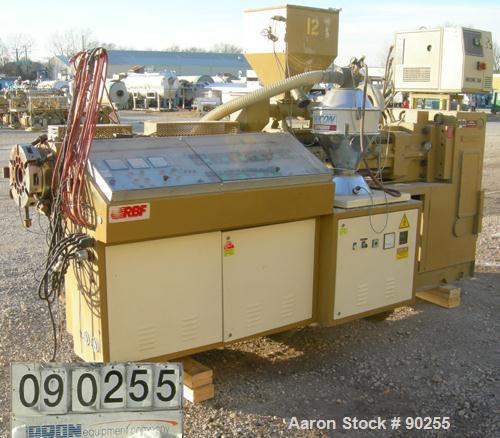 USED: Amut twin screw extruder, 86 mm screw diameter. Approximate 22:1 L/D ratio. Counter-rotating screw design. 5 zonetop vented, electrically heated, air cooled barrel with vacuum pump.Water cooled...