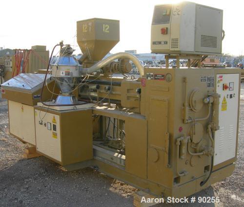 USED: Amut twin screw extruder, 86 mm screw diameter. Approximate 22:1 L/D ratio. Counter-rotating screw design. 5 zonetop vented, electrically heated, air cooled barrel with vacuum pump.Water cooled...