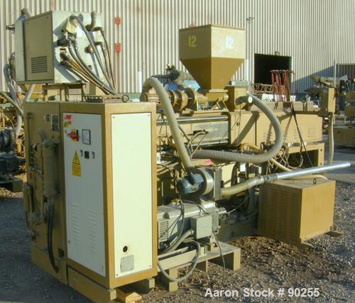 USED: Amut twin screw extruder, 86 mm screw diameter. Approximate 22:1 L/D ratio. Counter-rotating screw design. 5 zonetop vented, electrically heated, air cooled barrel with vacuum pump.Water cooled...
