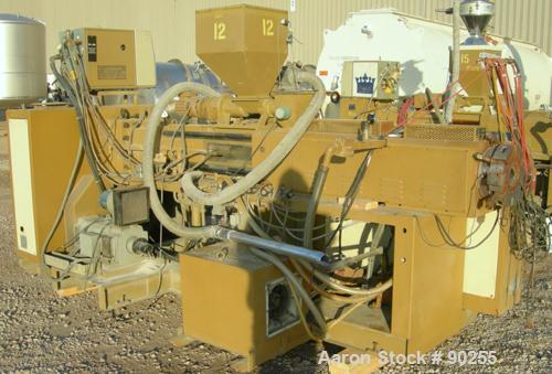 USED: Amut twin screw extruder, 86 mm screw diameter. Approximate 22:1 L/D ratio. Counter-rotating screw design. 5 zonetop vented, electrically heated, air cooled barrel with vacuum pump.Water cooled...