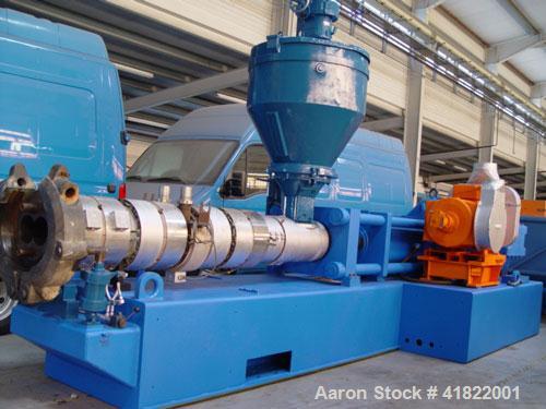 Used Anger Counter-Rotating Twin Screw Extruder. 168 hp/126 kW drive, diameter 6.3" (160 mm), L/D 21 with degassing.