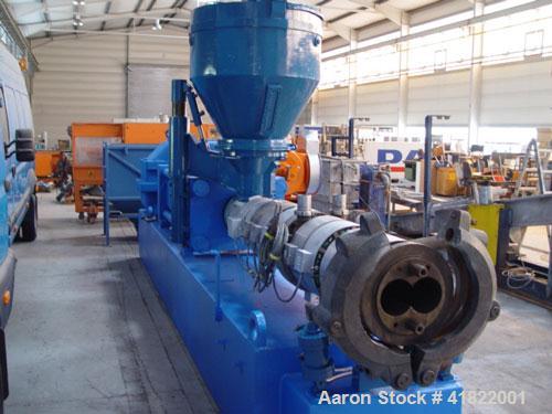 Used Anger Counter-Rotating Twin Screw Extruder. 168 hp/126 kW drive, diameter 6.3" (160 mm), L/D 21 with degassing.