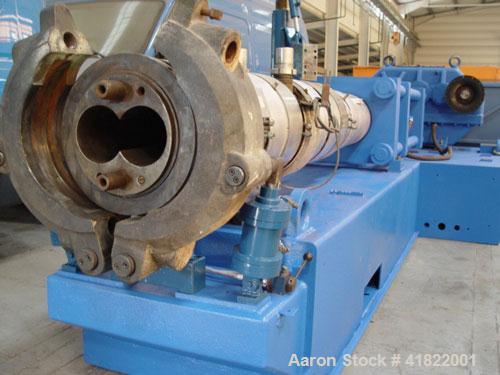 Used Anger Counter-Rotating Twin Screw Extruder. 168 hp/126 kW drive, diameter 6.3" (160 mm), L/D 21 with degassing.