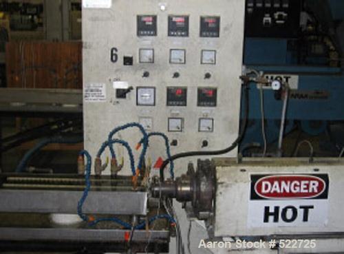 USED: Luigi Bandera 45mm extruder. 460 volt, 3 phase, 20 hp DC; Barrier Maddock style screw; 3 barrel zones with fan cooling; Athena X-25 temperature controllers; extrusion head with swing arm; clams...