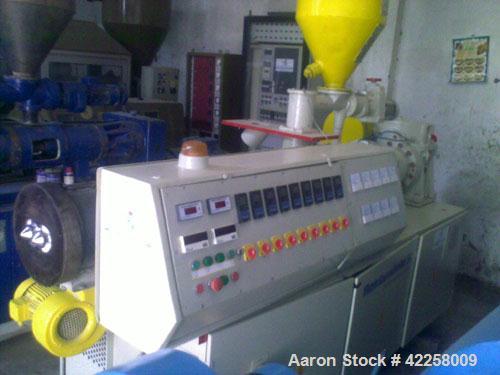 Used Battenfeld BEX - 90 Counter-Rotating Twin Screw Extruder, 3.54" (90 mm) diameter, L/D 22, 49.3 hp/ 37 kW DC motor, 50 hz, vented, air cooled.  Built 1992. Reconditioned with new electrical compo...