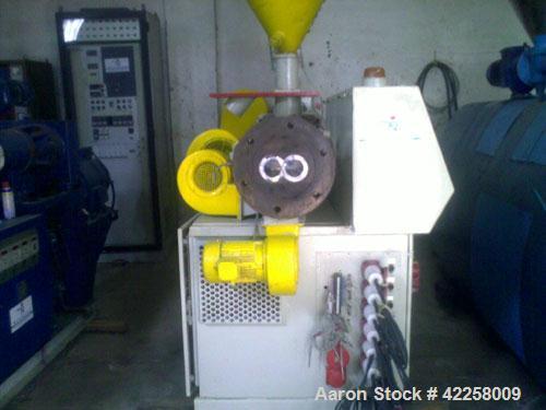 Used Battenfeld BEX - 90 Counter-Rotating Twin Screw Extruder, 3.54" (90 mm) diameter, L/D 22, 49.3 hp/ 37 kW DC motor, 50 hz, vented, air cooled.  Built 1992. Reconditioned with new electrical compo...