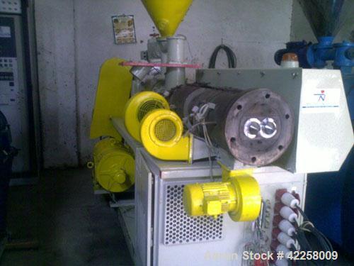 Used Battenfeld BEX - 90 Counter-Rotating Twin Screw Extruder, 3.54" (90 mm) diameter, L/D 22, 49.3 hp/ 37 kW DC motor, 50 hz, vented, air cooled.  Built 1992. Reconditioned with new electrical compo...