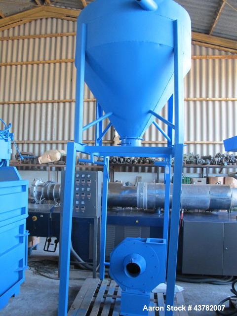 Used Bausano Twin Screw Extruder with Counter-Rotating Screws.  5.75" (146 mm) Diameter screws, 20 L/D.  Die cutting head with air cooling pellets.  50 Hp motor, 50 Hz.