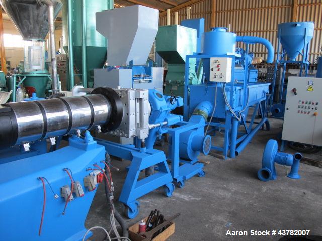 Used Bausano Twin Screw Extruder with Counter-Rotating Screws.  5.75" (146 mm) Diameter screws, 20 L/D.  Die cutting head with air cooling pellets.  50 Hp motor, 50 Hz.