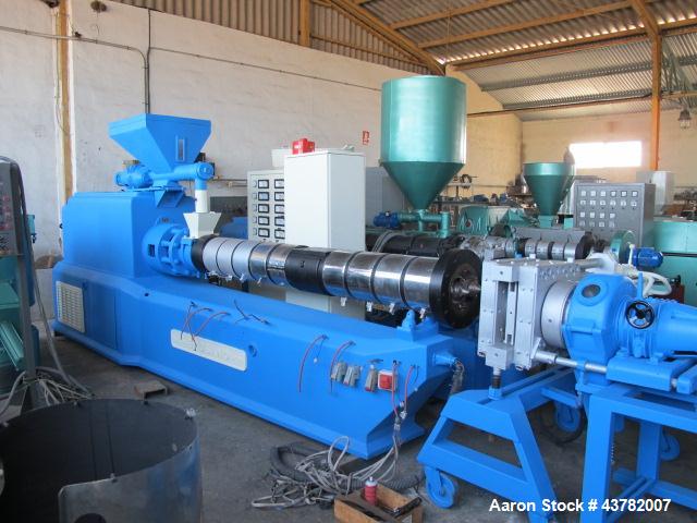 Used Bausano Twin Screw Extruder with Counter-Rotating Screws.  5.75" (146 mm) Diameter screws, 20 L/D.  Die cutting head with air cooling pellets.  50 Hp motor, 50 Hz.