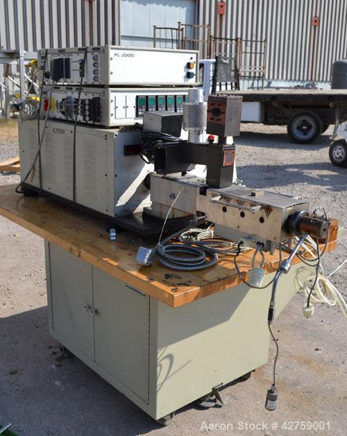 Used C.W. Brabender Plasti-Corder Extruder System Consisting Of: (1) Model CTSE-V Counter-rotating twin screw extruder, approximately 30 to 1 L/D ratio. Electrically heated, water cooled. Feed throat...