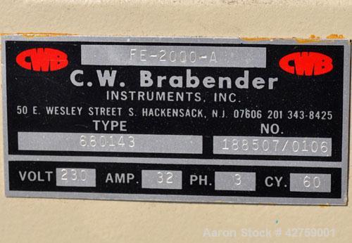 Used C.W. Brabender Plasti-Corder Extruder System Consisting Of: (1) Model CTSE-V Counter-rotating twin screw extruder, approximately 30 to 1 L/D ratio. Electrically heated, water cooled. Feed throat...