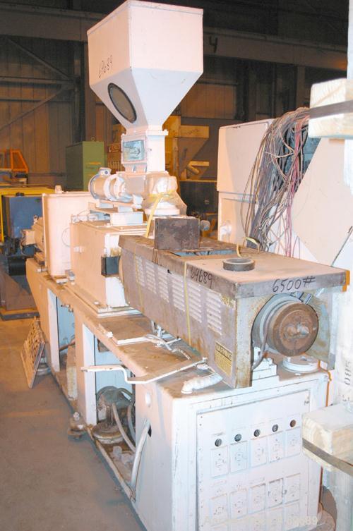 USED: Cincinnati 2.16" (55mm) diameter conical counter-rotating twinscrew extruder, moel CM55. Approx 20:1 L/D ratio. Electrically heated,water cooled, with tank and pump. Vented (plugged) barrel. 5"...