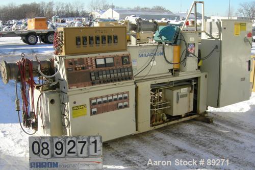 Used Cincinnati Conical Counter-Rotating Twin Screw Extrusion Equipment, 55 mm, model CM55. Approximate 20:1 L/D ratio. Approximate 48:1 gearbox ratio. Built-in oil heating and cooling with tank, hea...