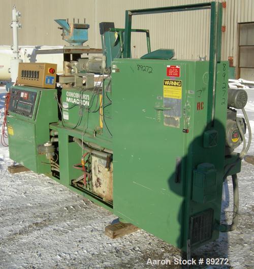 USED: Cincinnati conical counter-rotating twin screw extruder, 55 mm, model CM55. Approximate 20:1 L/D ratio. Approximate 48:1 gearbox ratio. Built-in oil heating and cooling with tank, heat exchange...