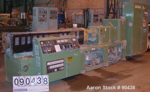 USED: Cincinnati counter-rotating twin screw extruder, 92 mm, model CM92HP. Electrically heated, water cooled 5 zone top vented barrel with tank, heat exchanger and pump. Built-in oil cooling/heating...
