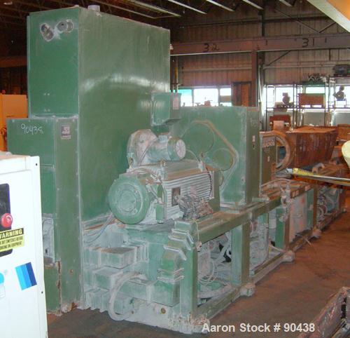 USED: Cincinnati counter-rotating twin screw extruder, 92 mm, model CM92HP. Electrically heated, water cooled 5 zone top vented barrel with tank, heat exchanger and pump. Built-in oil cooling/heating...