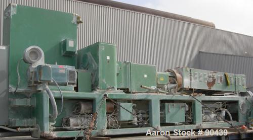 USED: Cincinnati counter-rotating twin screw extruder, 92 mm, model CM92HP. Electrically heated, water cooled 5 zone top vented barrel with tank, heat exchanger and pump. Built-in oil cooling/heating...
