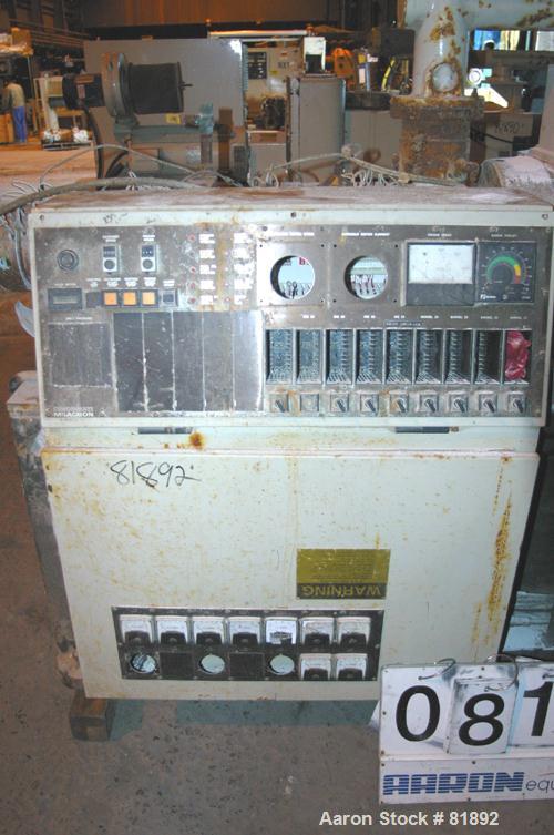 USED: Cincinnati Milacron Model CM-55HP Conical Twin Screw Counter-Rotating Extruder having an electrically heated, liquid cooled and vented barrel at an approximate 42" centerline height. Gearbox is...
