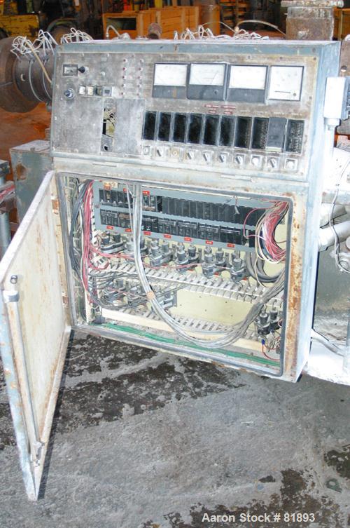 USED: Cincinnati Milacron Model CM-65HP Conical Twin Screw Counter-Rotating Extruder having an electrically heated, liquid cooled and vented barrel at an approximate 42" centerline height. Gearbox is...
