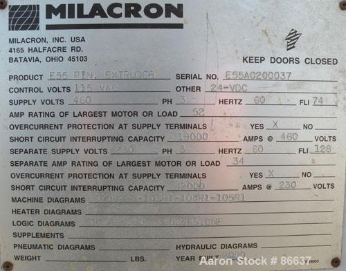 Used Cincinnati Milacron 55mm Conical Counter-Rotating Twin Screw Extruder, Model Pinnacle E55 PIN. Approximate 20 to 1 L/Dratio. Electrically heated, water cooled 3 zone vented barrel. Water cooled ...