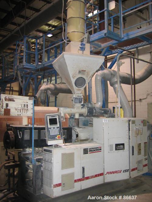Used Cincinnati Milacron 55mm Conical Counter-Rotating Twin Screw Extruder, Model Pinnacle E55 PIN. Approximate 20 to 1 L/Dratio. Electrically heated, water cooled 3 zone vented barrel. Water cooled ...
