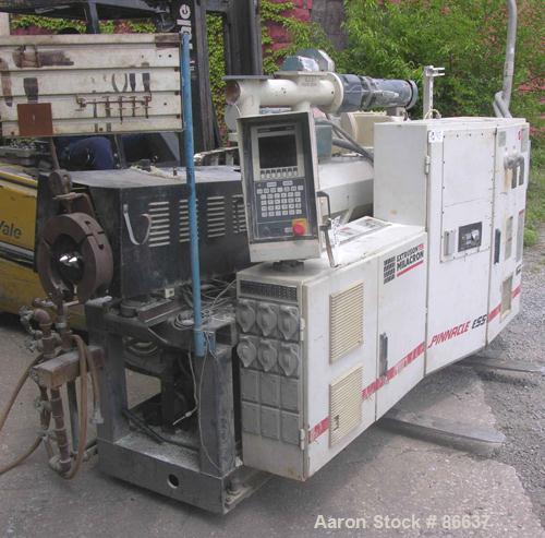 Used Cincinnati Milacron 55mm Conical Counter-Rotating Twin Screw Extruder, Model Pinnacle E55 PIN. Approximate 20 to 1 L/Dratio. Electrically heated, water cooled 3 zone vented barrel. Water cooled ...