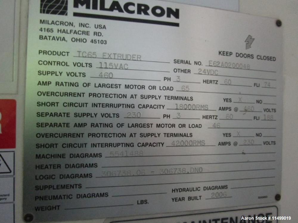 Used- Milacron 65mm Twin Screw Extruder, Model TC65